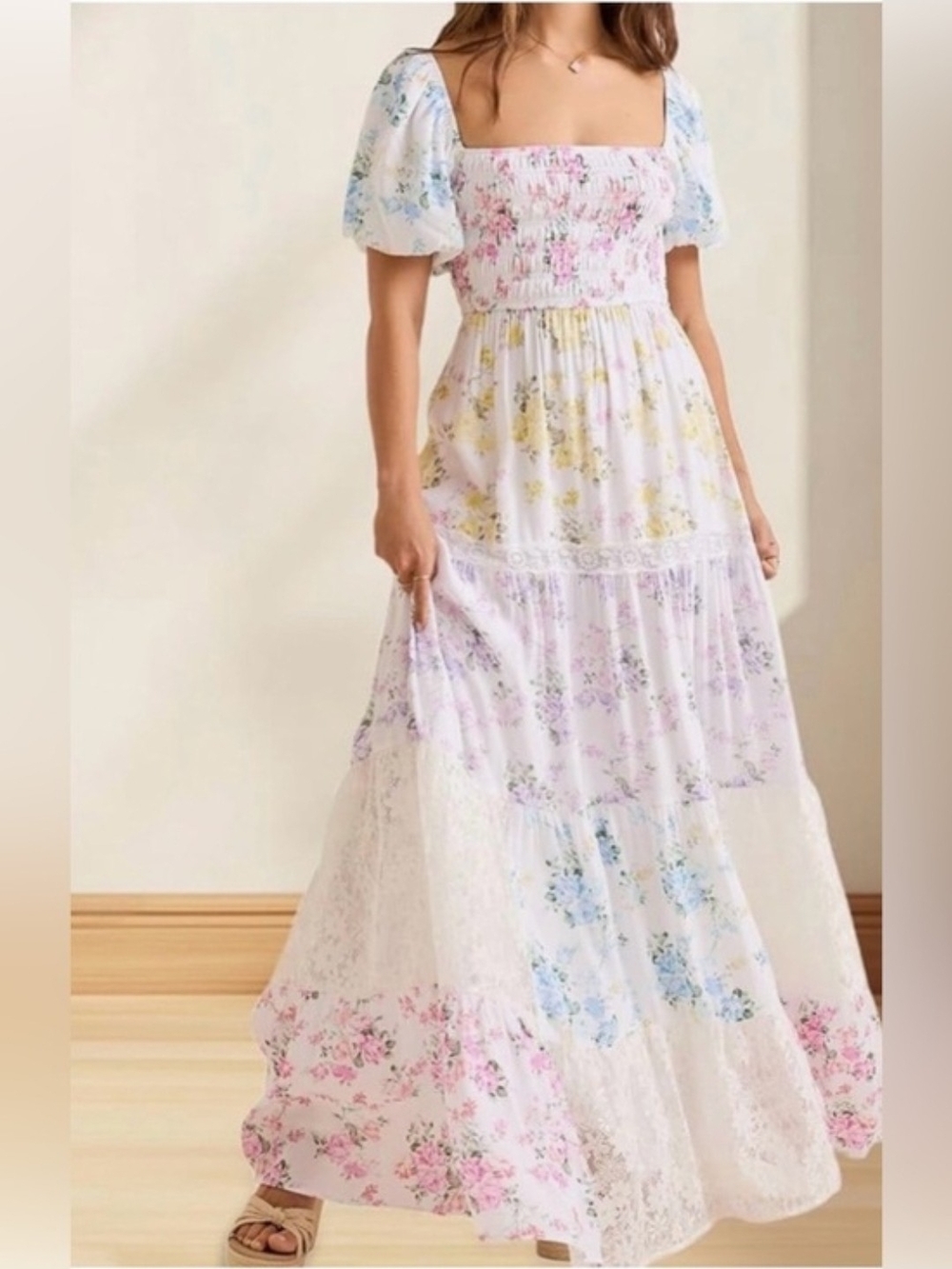 Pastel Floral Smocked Maxi Dress - White Multicolor Patchwork